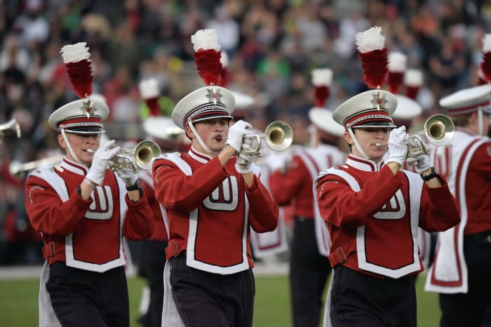 The Wisconsin marching band playing at the Rose Bowl.